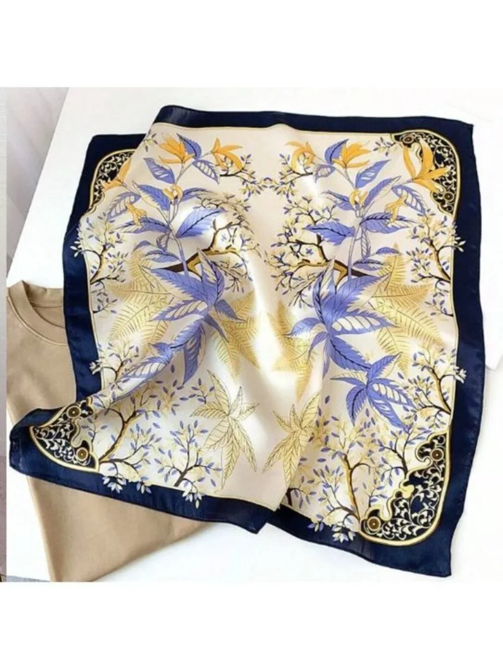 ✨Elegant Nautical Silky Square Scarf Bandana Luxury Scarf Blue Beige Luxury New✨